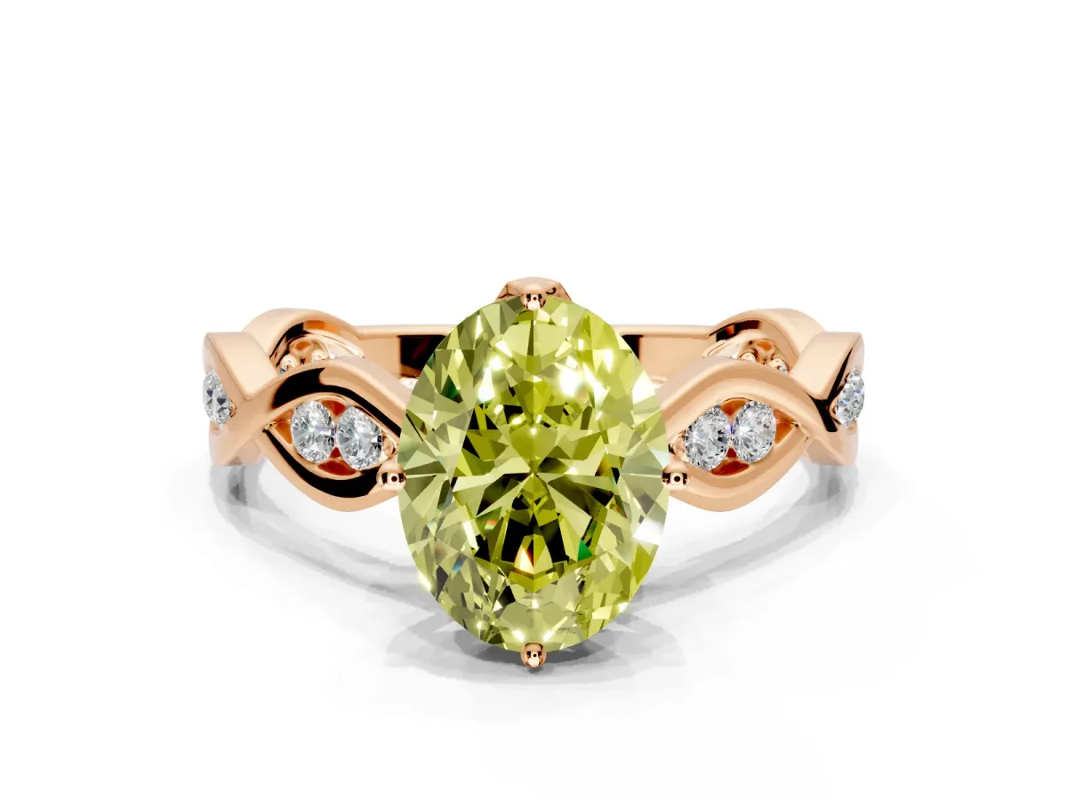 Solitaire Engagement Ring Setting for Fancy Yellow Oval Center with Accented Twist Band and Leaf Prong Head in Rose Gold