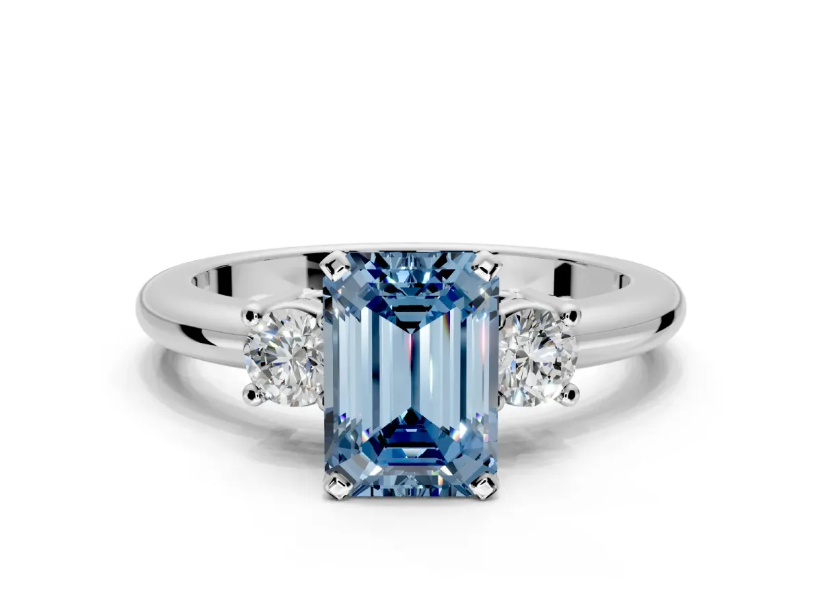 3 Stone Engagement Ring Setting for Fancy Blue Emerald Cut Center with Wide Plain Band and Prong Head in White Gold