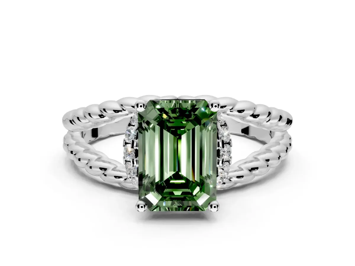 Halo Engagement Ring Setting for Fancy Green Emerald Cut Center with Rope Twist Split Shank and Prong Head in Platinum
