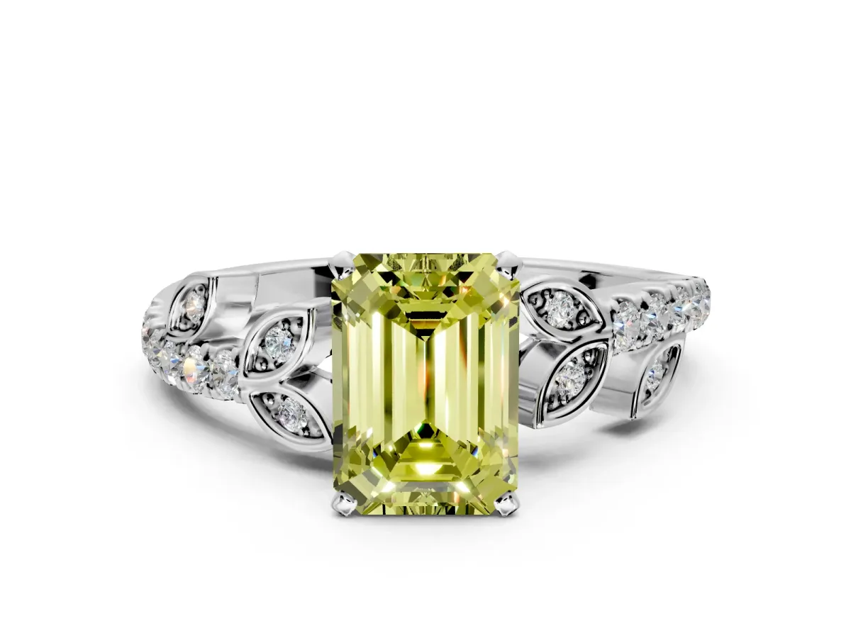 Leaf Motif Engagement Ring Setting for Fancy Yellow Emerald Cut Center with Pave Band and Prong Head in Sterling Silver