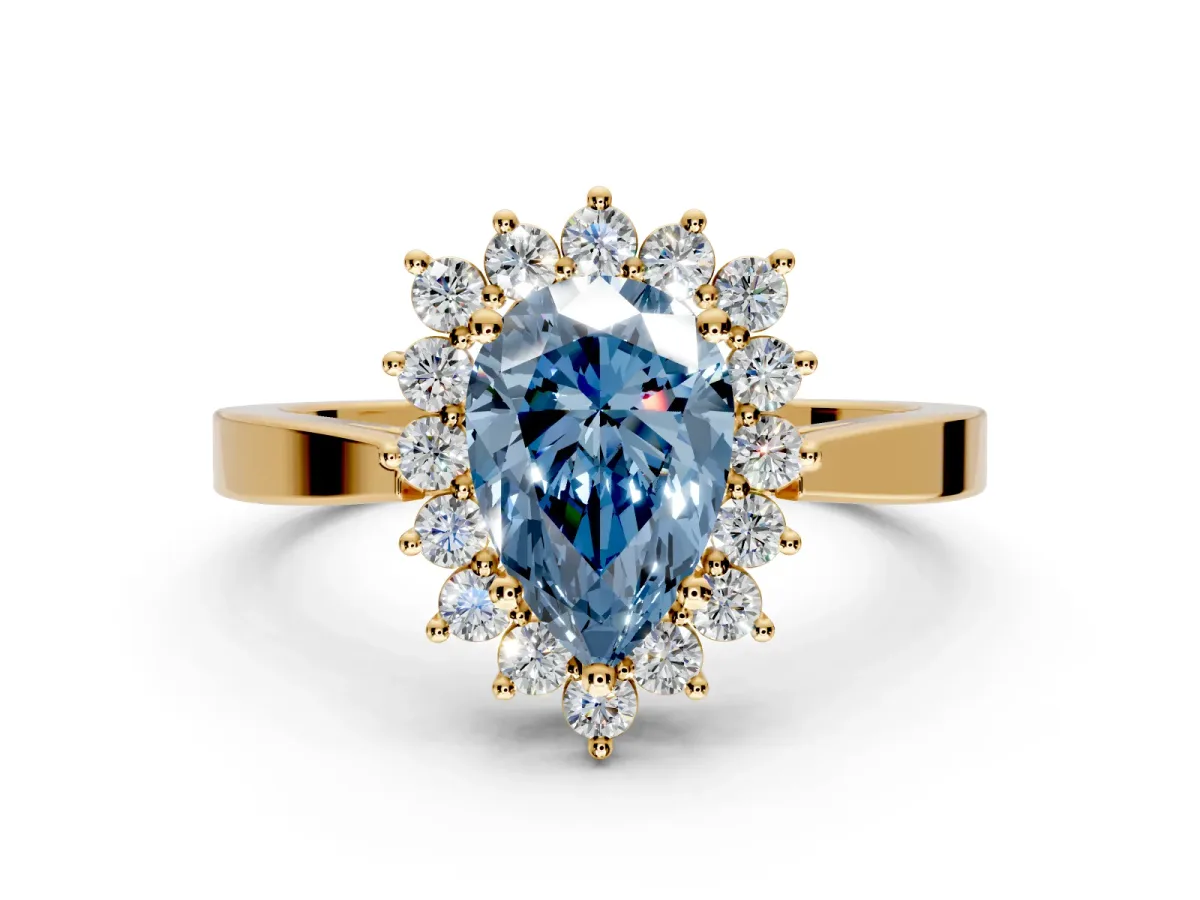 Starburst Halo Engagement Ring Setting for Fancy Blue Pear-Shaped Center with Flat Cathedral Band and Prong Head in Yellow Gold