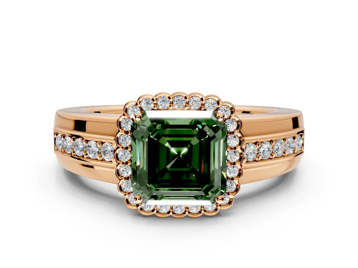 Halo Engagement Ring Setting for Fancy Green Asscher Cut Center with Wide Band, Inlaid Accent Row and Prong Head in Rose Gold