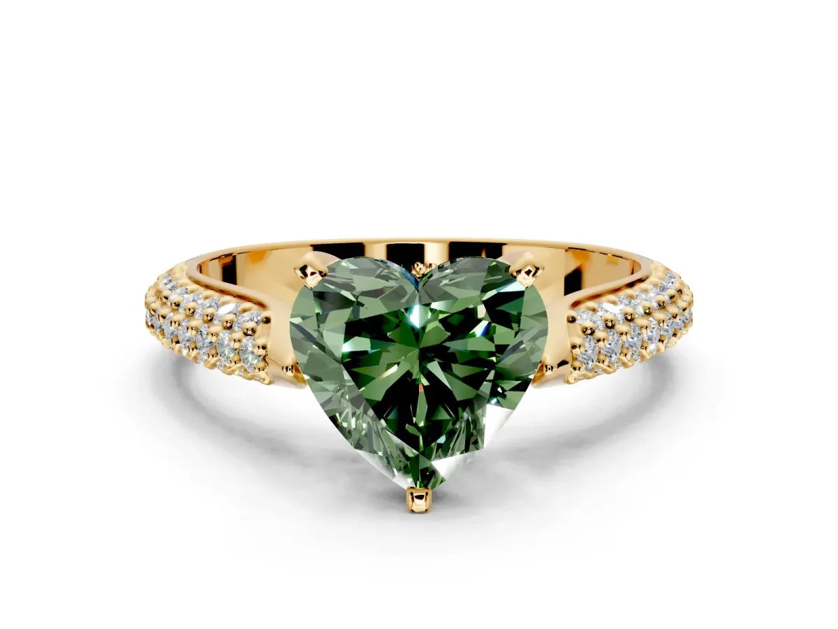 Solitaire Engagement Ring Setting for Fancy Green Heart-Shaped Center with Multi-Row Accents and Prong Head in Yellow Gold