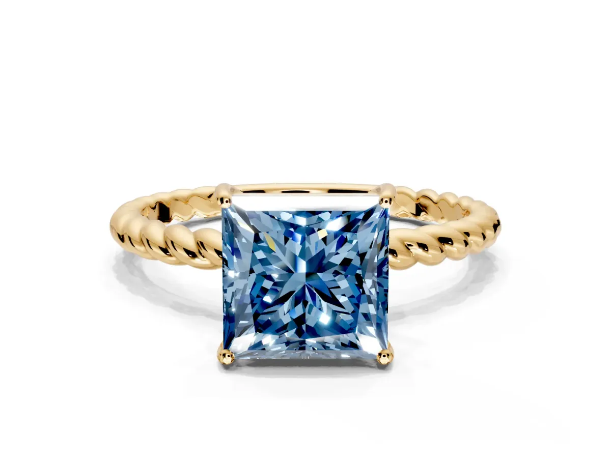 Solitaire Engagement Ring Setting for Fancy Blue Princess Cut Center with Plain Twisted Rope Band and Prong Head in Yellow Gold