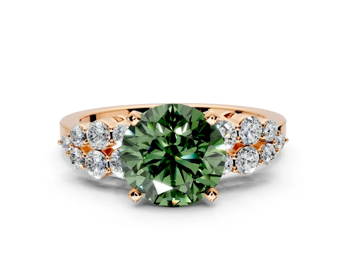Cluster Engagement Ring Setting for Fancy Green Round Cut Center with 2-Row Shoulder Clusters and Prong Head in Rose Gold