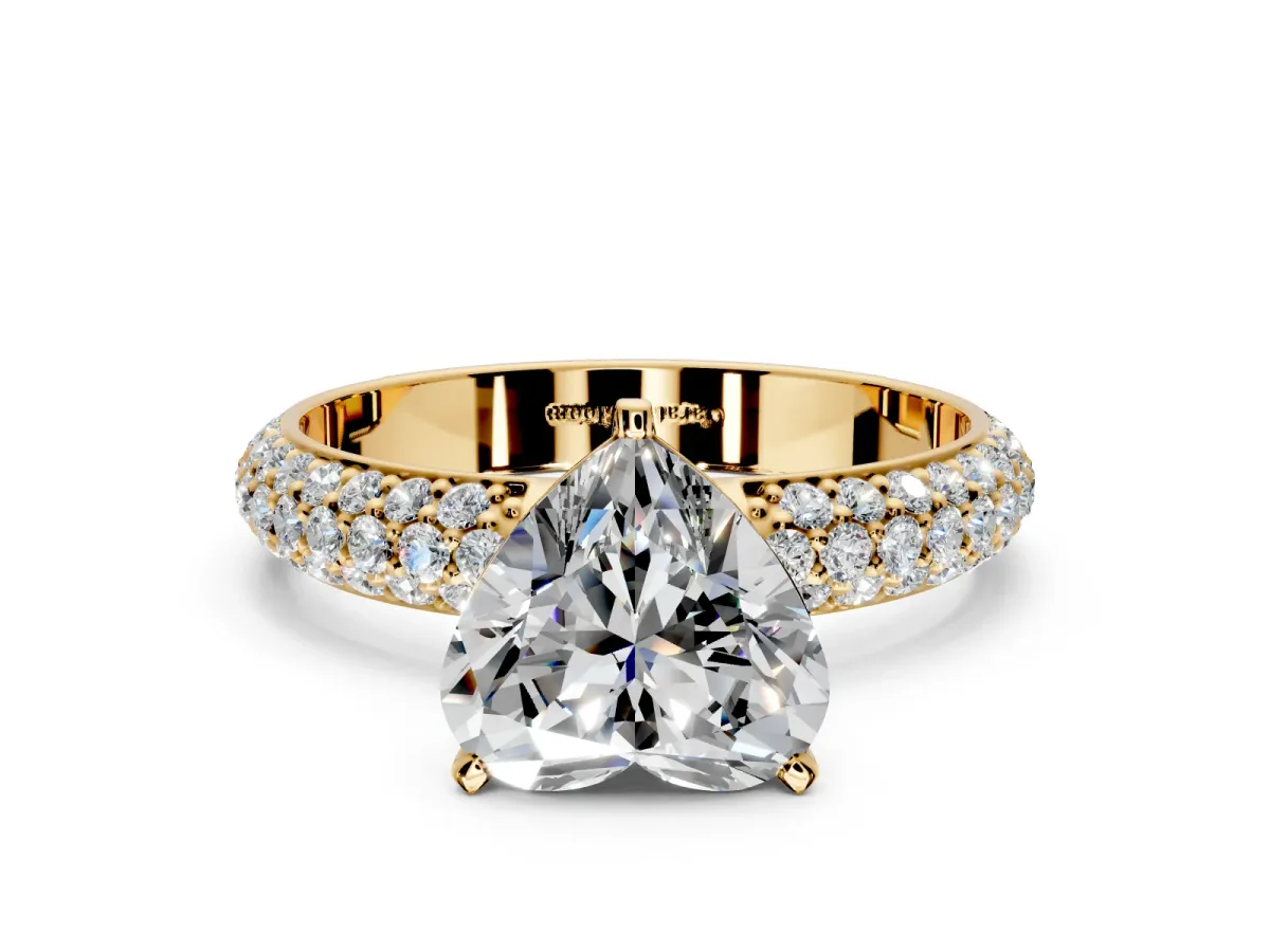 Solitaire Engagement Ring Setting for Heart-Shaped Center with Domed Multi-Row Pave Band and Prong Head in Yellow Gold