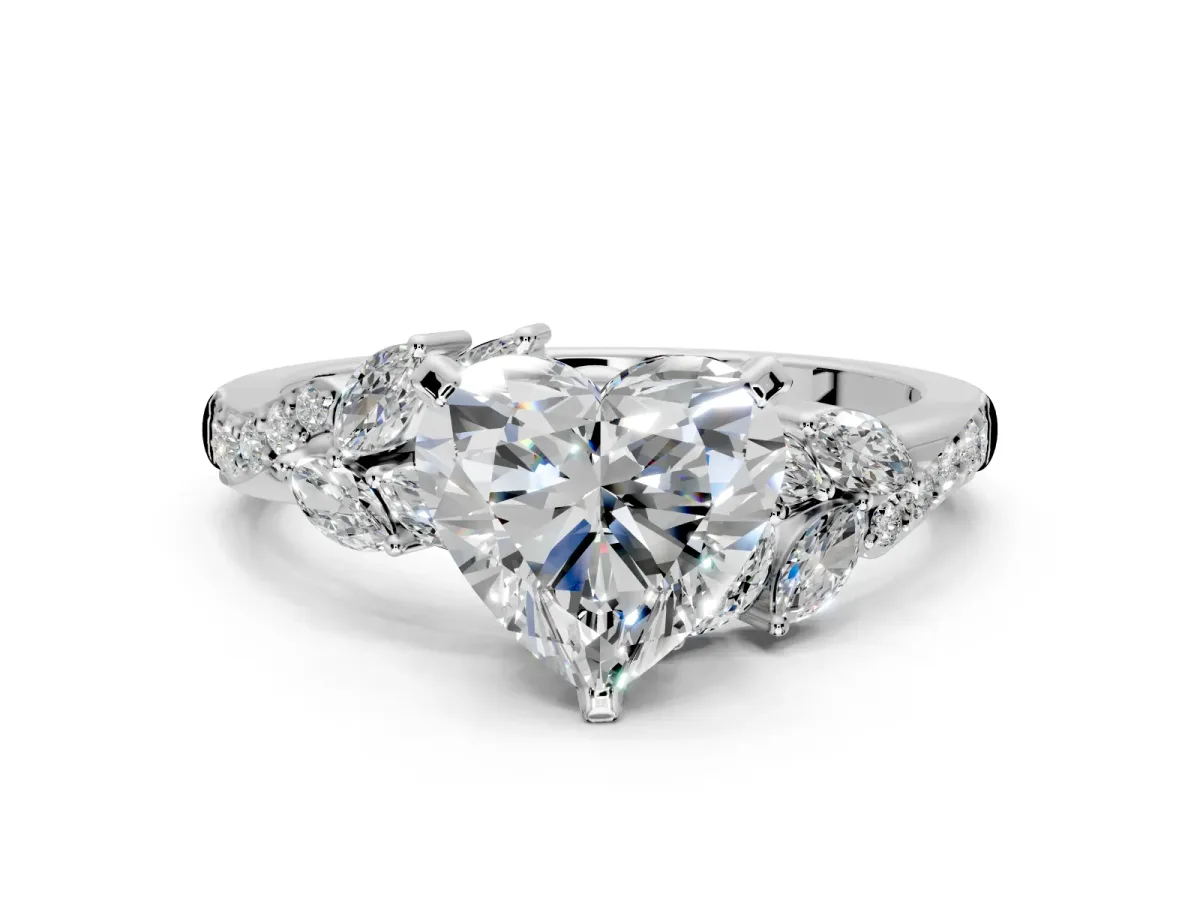 Solitaire Engagement Ring Setting for Heart-Shaped Center with Marquise Accent Twist Band and Prong Head in Platinum