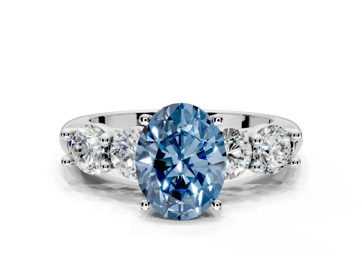 5 Stone Engagement Ring Setting for Fancy Blue Oval Center with Graduated Accents and Prong Head in Platinum