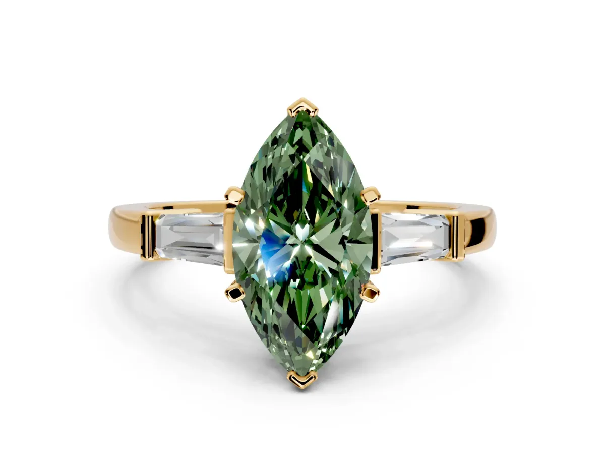 3 Stone Engagement Ring Setting for Fancy Green Marquise Center with Channel Baguette Accents and Prong Head in Yellow Gold