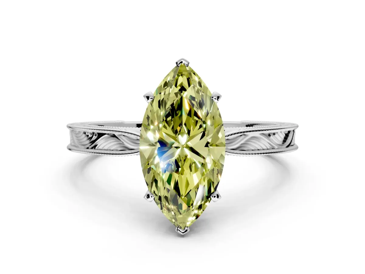 Solitaire Engagement Ring Setting for Fancy Yellow Marquise Center with Engraved Milgrain Band and Prong Head in White Gold