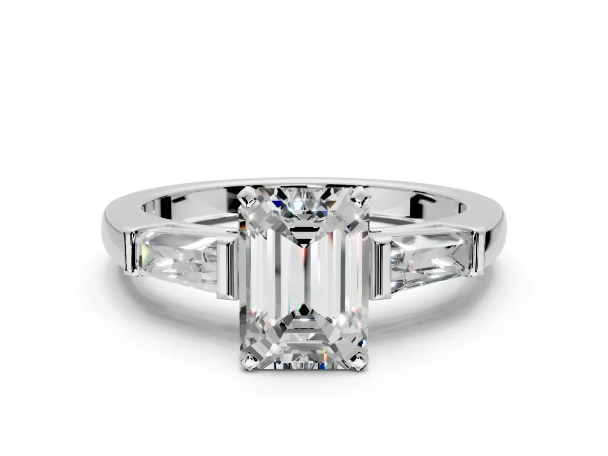 3 Stone Engagement Ring Setting for Emerald Cut Center with Tapered Baguettes, Plain Band and Prong Head in Platinum
