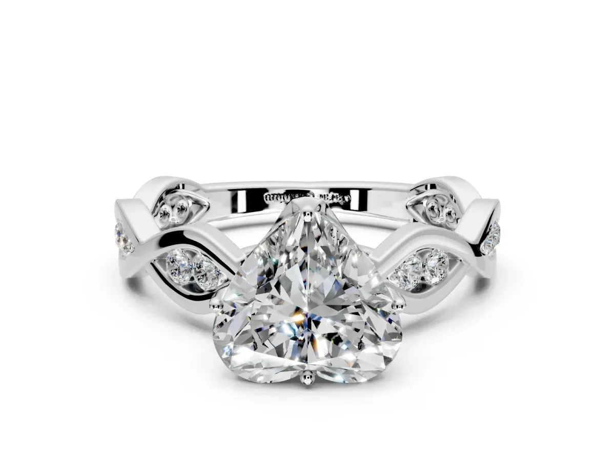 Solitaire Engagement Ring Setting for Heart-Shaped Center with Accented Twist Band and Leaf Prong Head in Sterling Silver