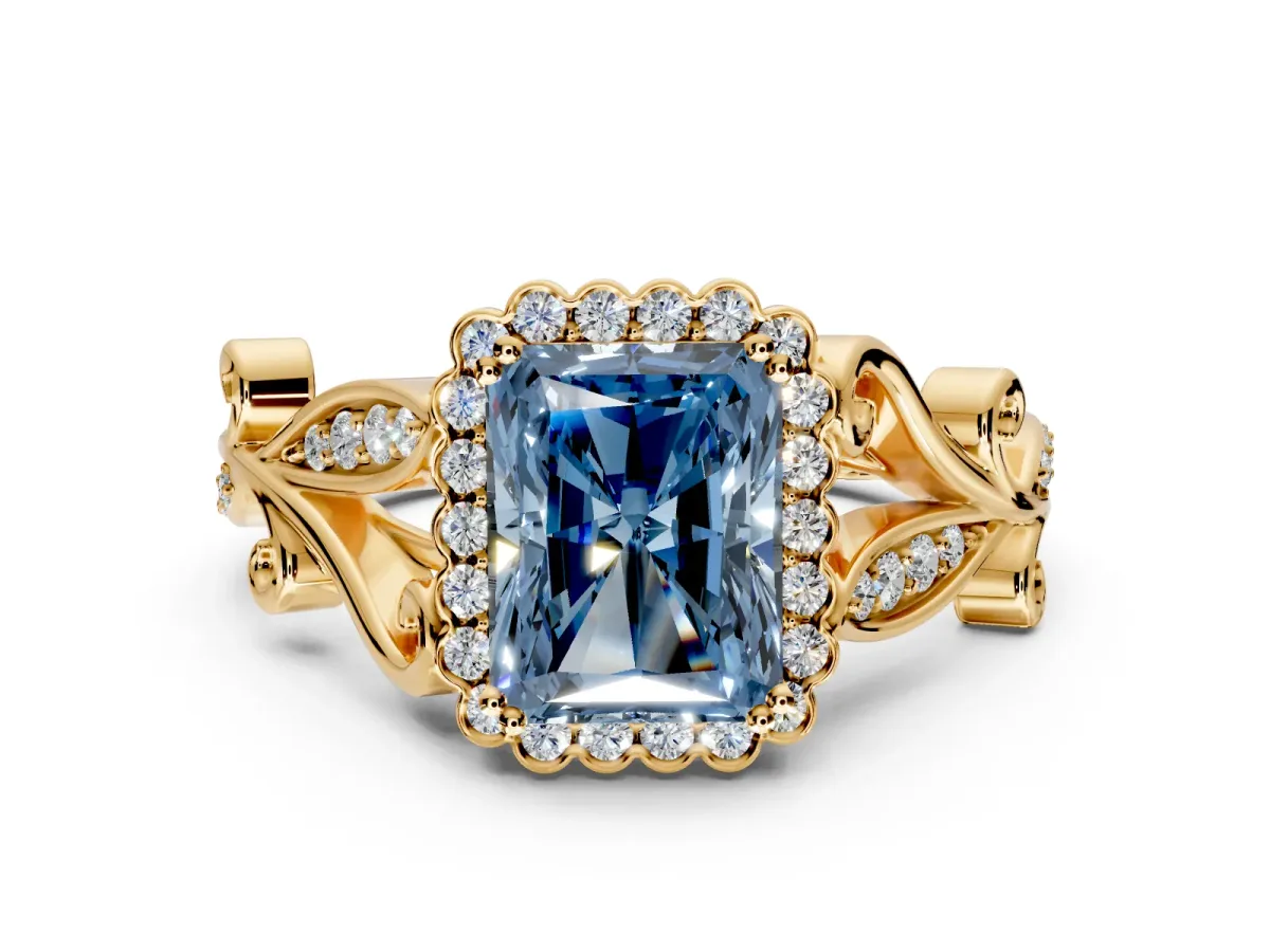 Halo Engagement Ring Setting for Fancy Blue Radiant Cut Center with Leaf Motif Split Shank and Prong Head in Yellow Gold