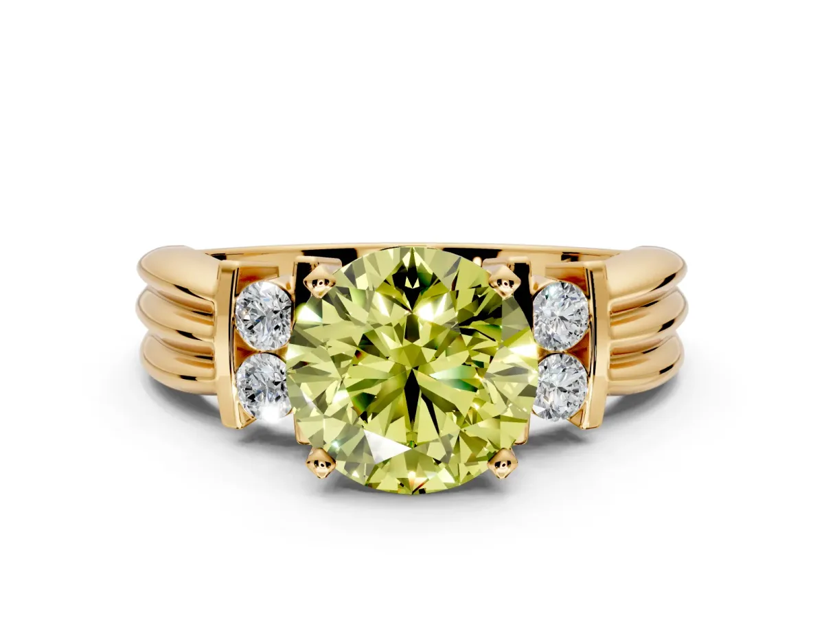 Solitaire Engagement Ring Setting for Fancy Yellow Round Cut Center with Grooved Bar Accent Band and Prong Head in Yellow Gold