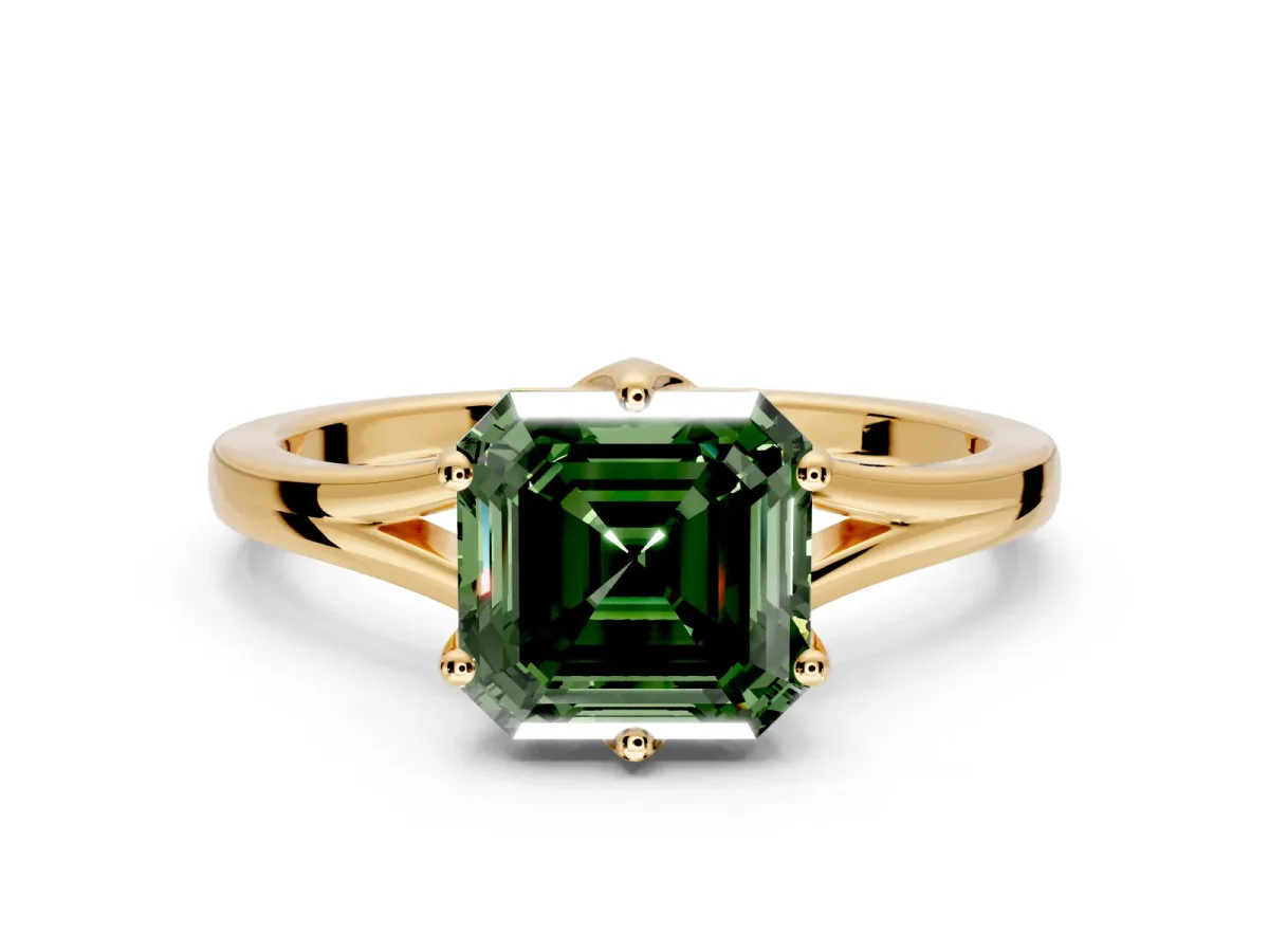 Solitaire Engagement Ring Setting for Fancy Green Asscher Cut Center with Plain Split Shank and Prong Head in Yellow Gold