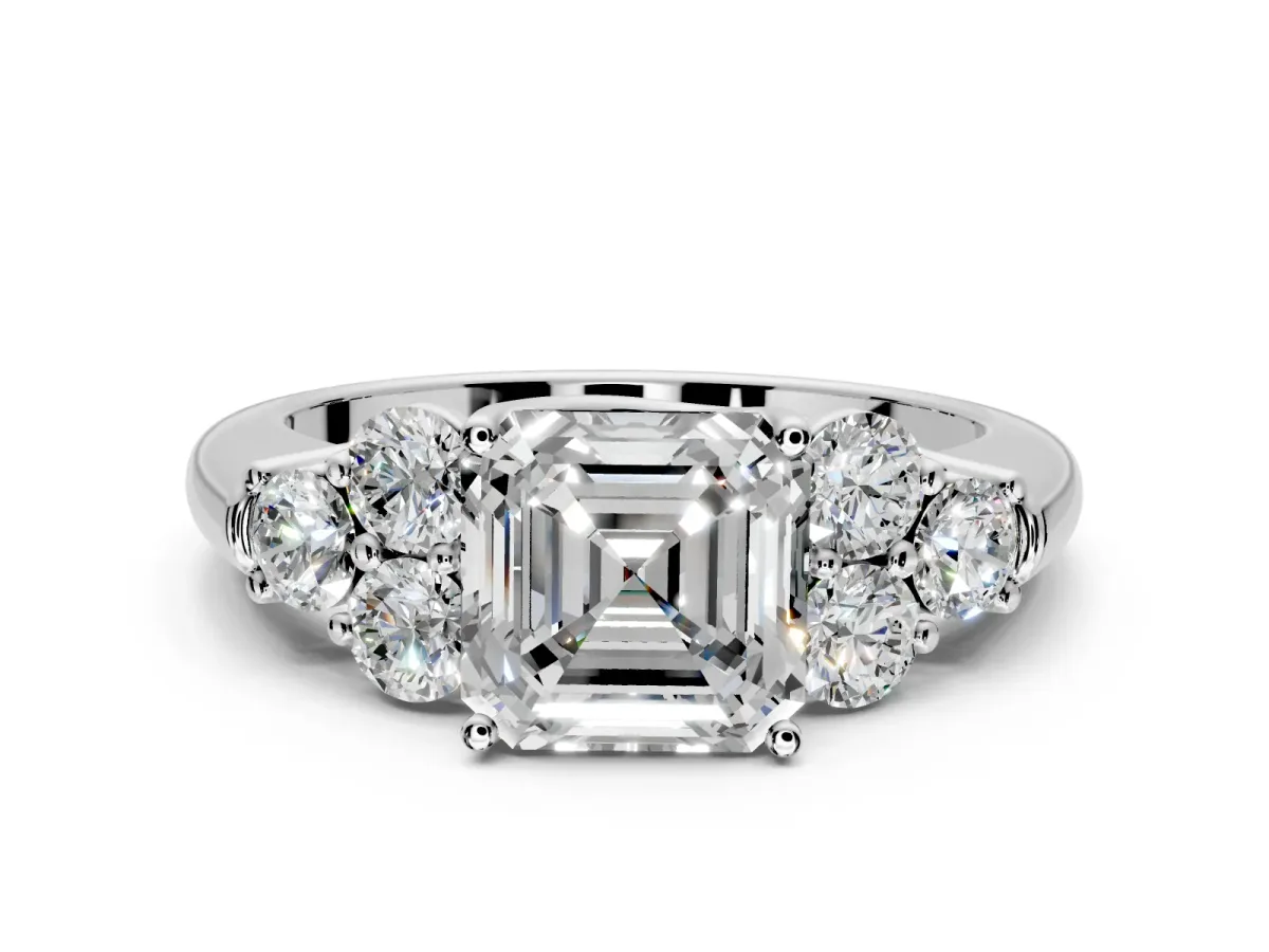 Cluster Engagement Ring Setting for Asscher Cut Center with Round Cut Accent Frame and Prong Head in Sterling Silver