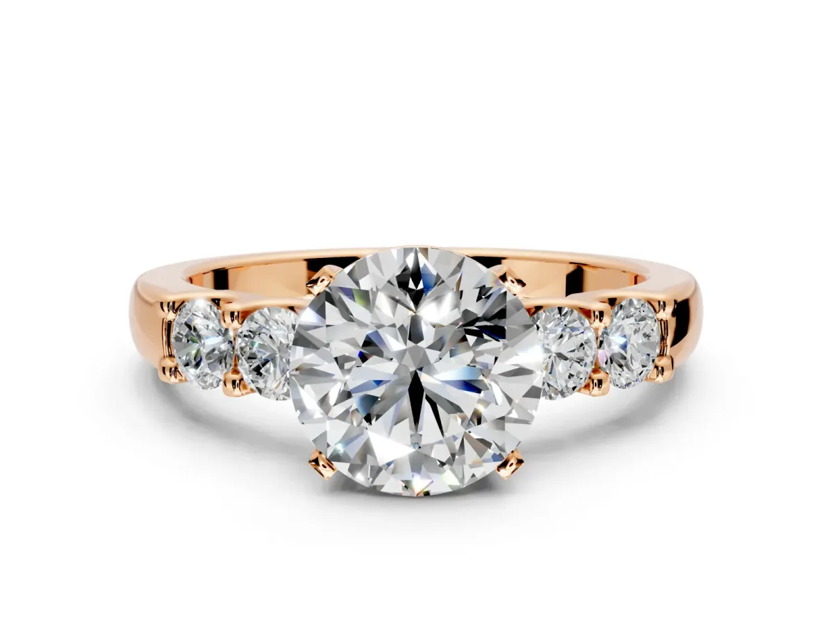 5 Stone Engagement Ring Setting for Round Cut Center with Plain Band and Prong Head in Rose Gold