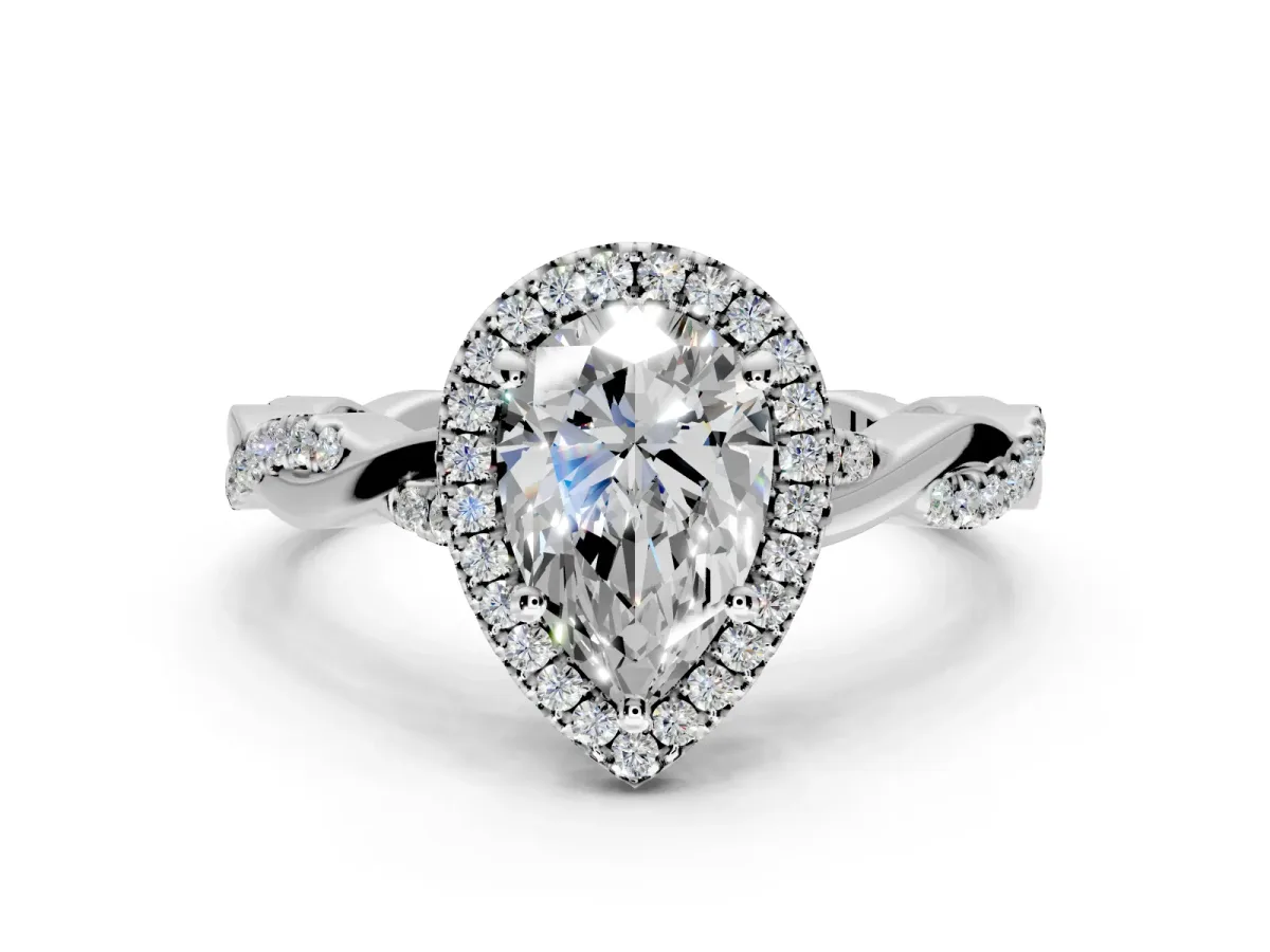 Halo Engagement Ring Setting for Pear-Shaped Center with Pave and Plain Twist Band and Prong Head in Platinum