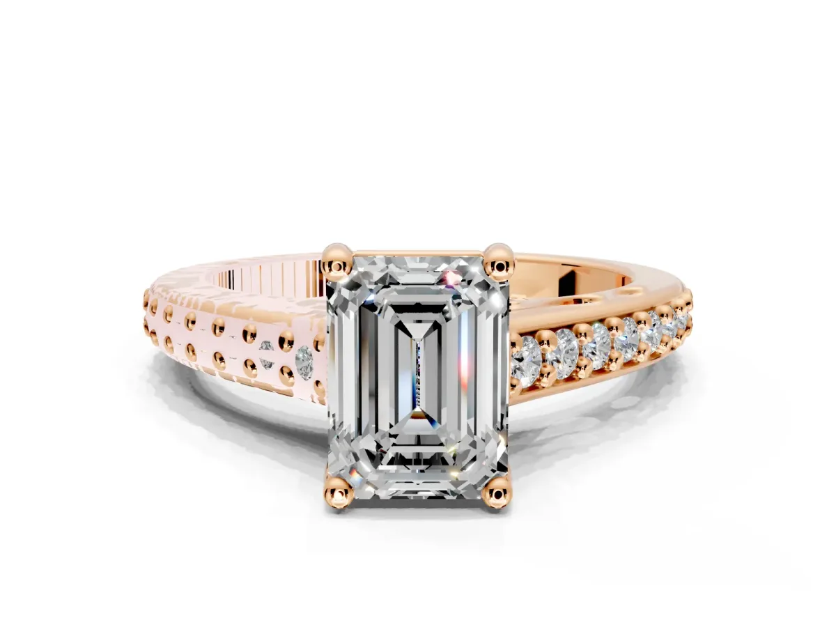 Solitaire Engagement Ring Setting for Emerald Cut Center with Pave Cathedral Band and Prong Head in Rose Gold