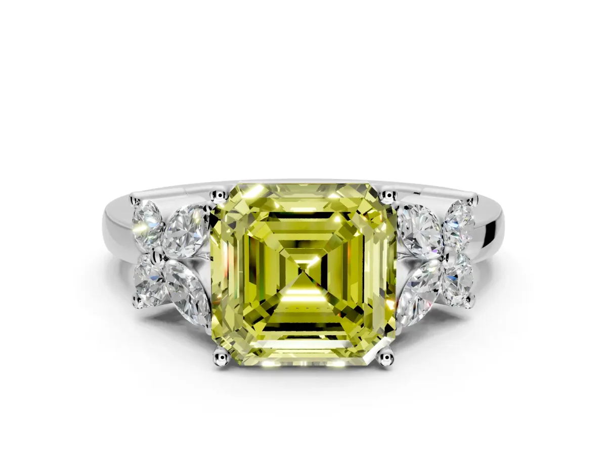 Floral Engagement Ring Setting for Fancy Yellow Asscher Cut Center with Marquise Cluster Shoulders and Prong Head in Platinum