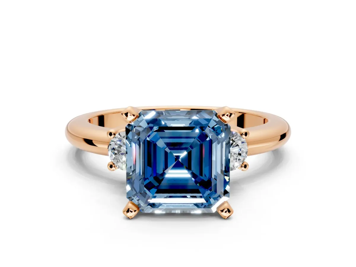 3 Stone Engagement Ring Setting for Fancy Blue Asscher Cut Center with Wide Plain Band and Prong Head in Rose Gold
