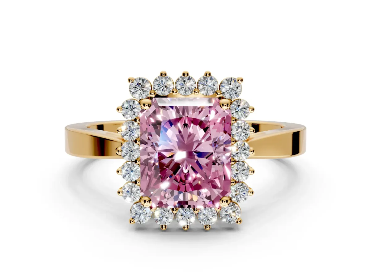 Starburst Halo Engagement Ring Setting for Fancy Pink Radiant Cut Center with Flat Cathedral Band and Prong Head in Yellow Gold