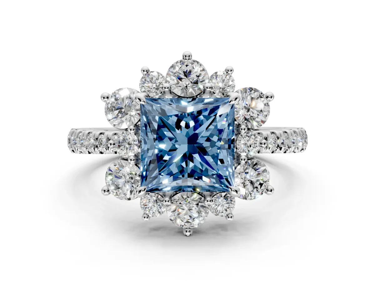 Floral Halo Engagement Ring Setting for Fancy Blue Princess Cut Center with Pave Accents and Prong Head in White Gold