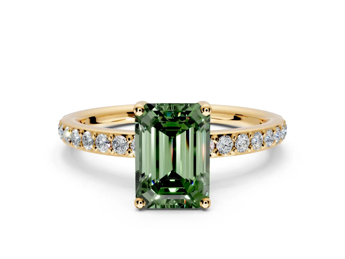 Solitaire Engagement Ring Setting for Fancy Green Emerald Cut Center with Fine Pave Band and Prong Head in Yellow Gold