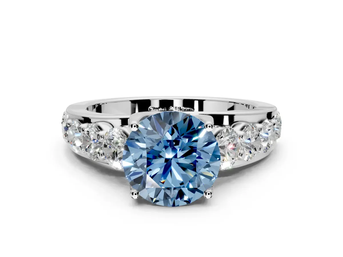 Solitaire Engagement Ring Setting for Fancy Blue Round Cut Center with Graduated Shared Prongs and Prong Head in Platinum