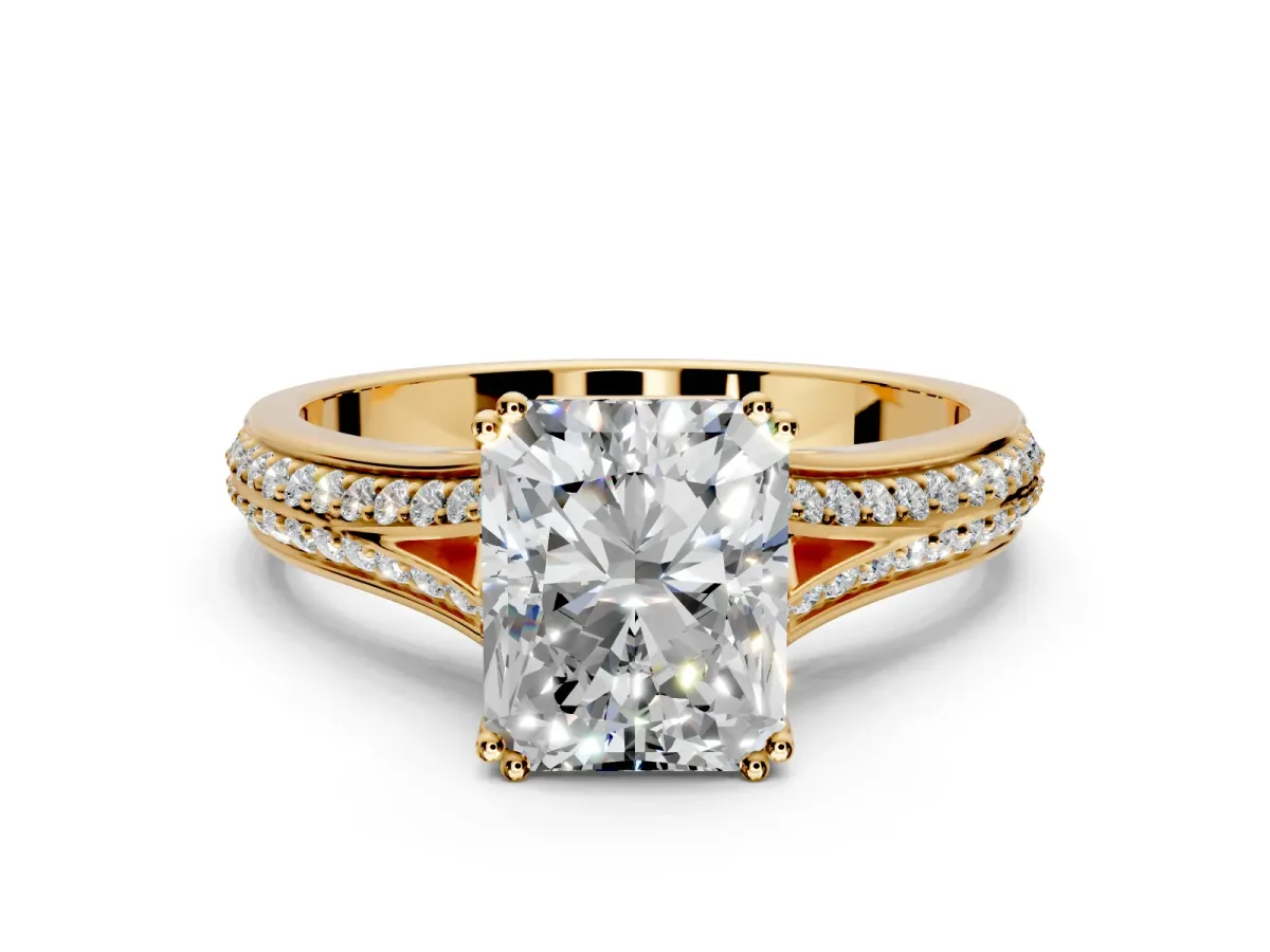 Solitaire Engagement Ring Setting for Radiant Cut Center with Pave Rail Split Shank and Prong Head in Yellow Gold