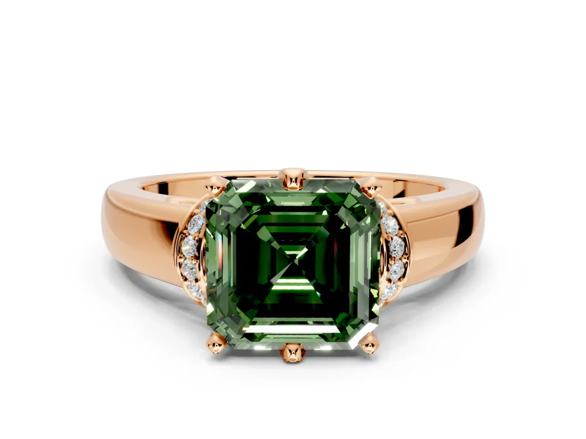 Solitaire Engagement Ring Setting for Fancy Green Asscher Cut Center with Wide Band, Pave Collar and Prong Head in Rose Gold