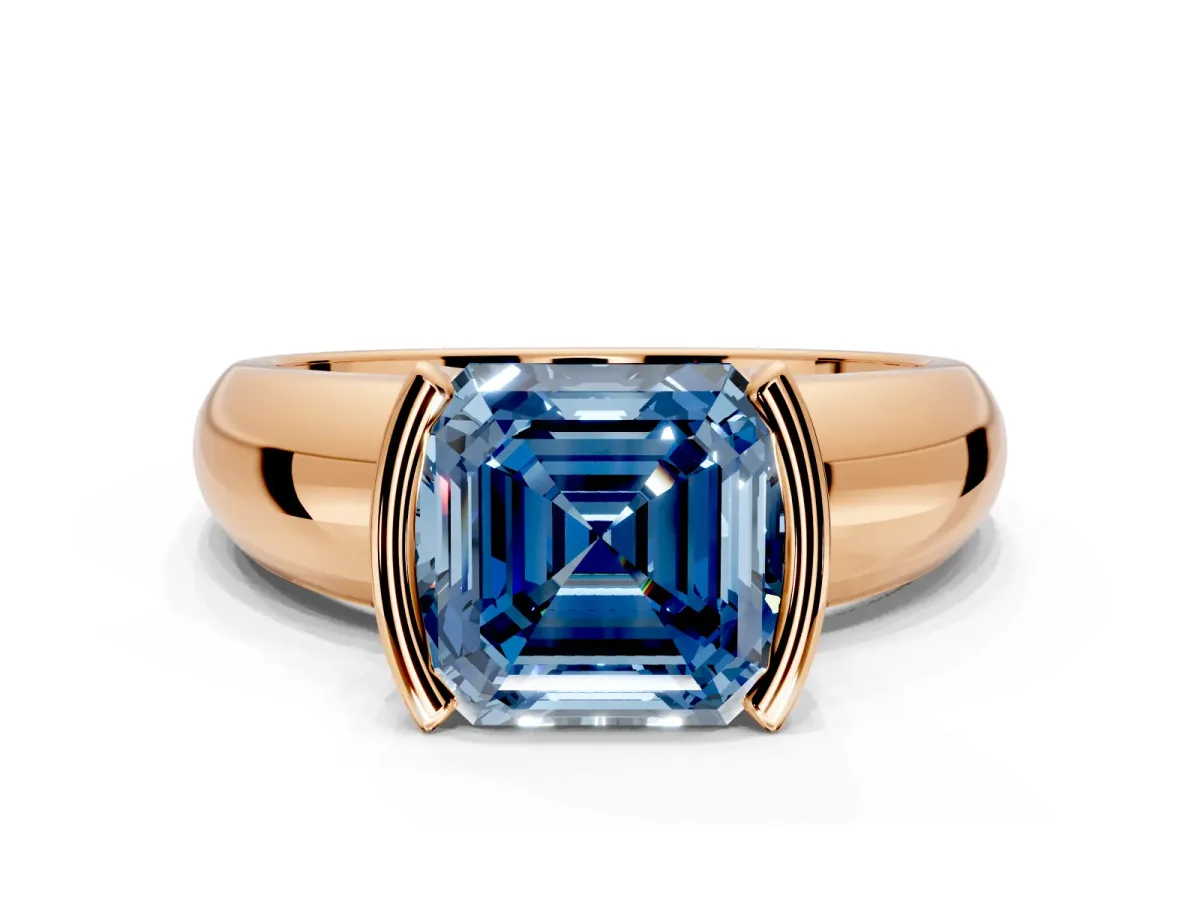 Tension Engagement Ring Setting for Fancy Blue Asscher Cut Center with Wide Flat Band and Tension Head in Rose Gold