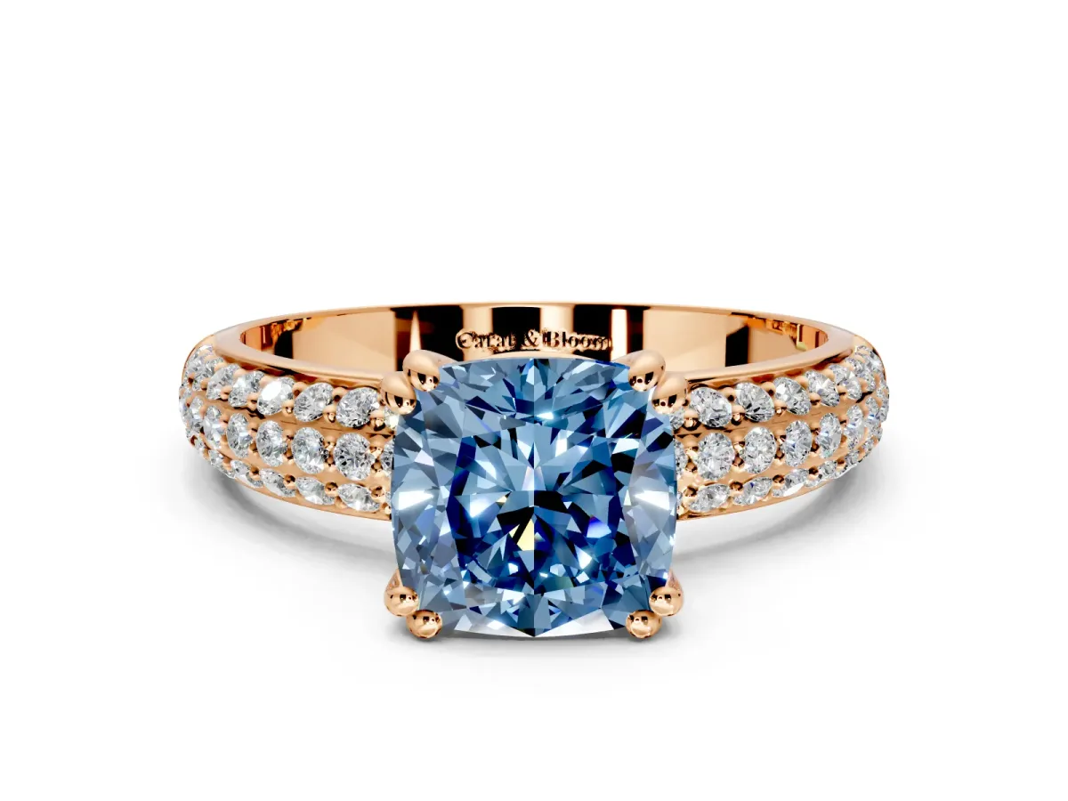 Solitaire Engagement Ring Setting for Fancy Blue Cushion Cut Center with Multi-Row Pave Accents and Basket Head in Rose Gold