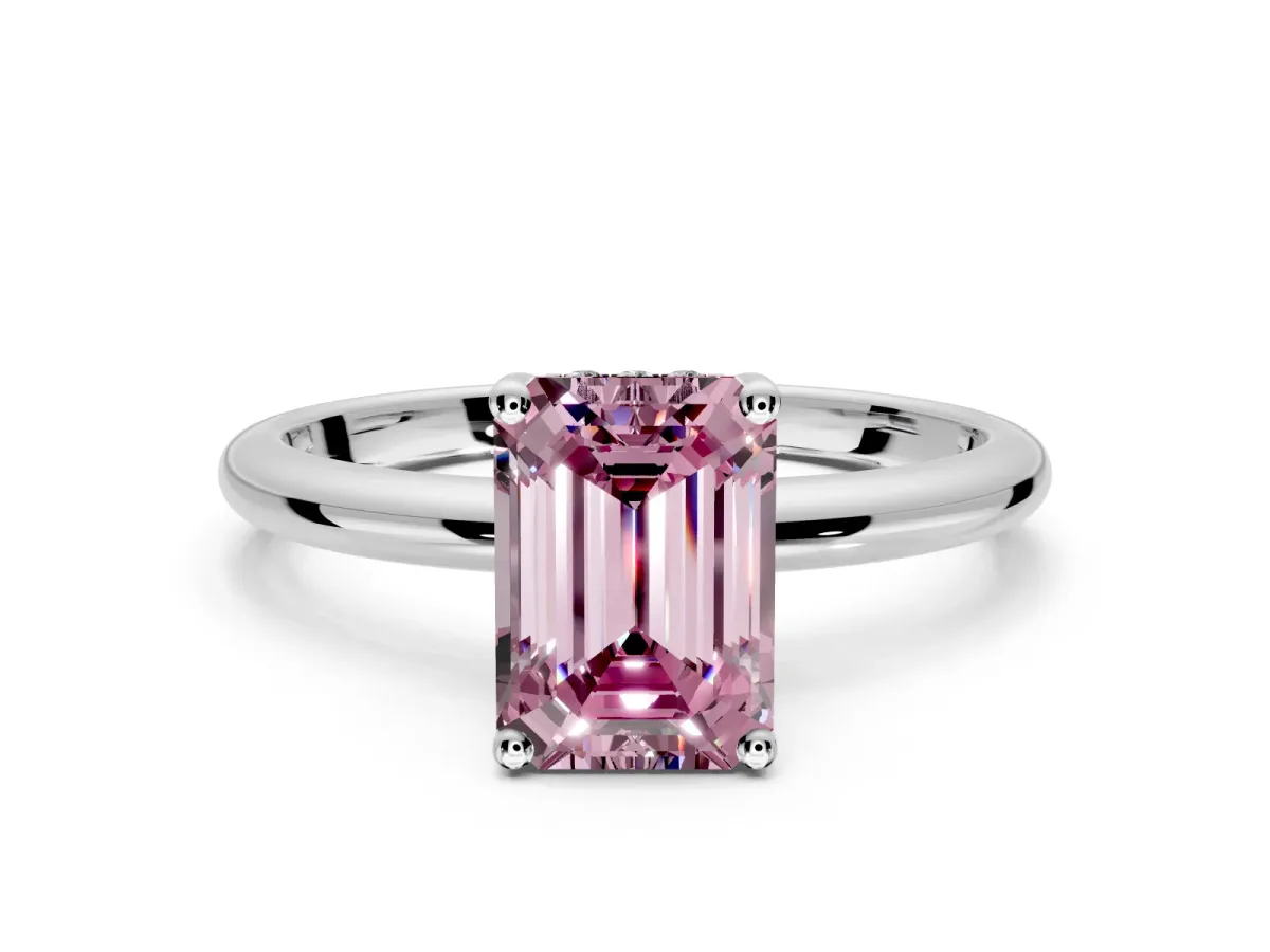Hidden Halo Engagement Ring Setting for Fancy Pink Emerald Cut Center with Thin Round-Wire Band and Prong Head in Platinum