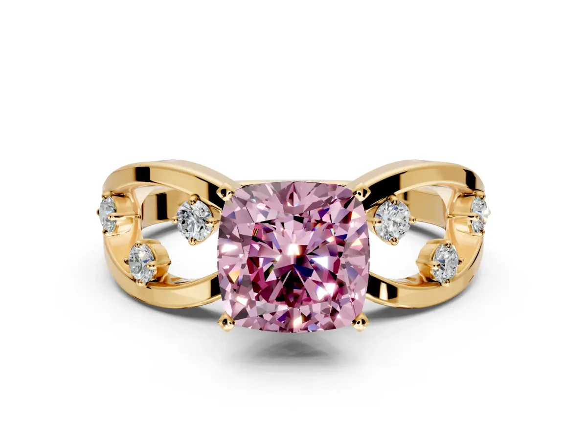 Solitaire Engagement Ring Setting for Fancy Pink Cushion Cut Center with Criss-Cross Accent Band and Prong Head in Yellow Gold