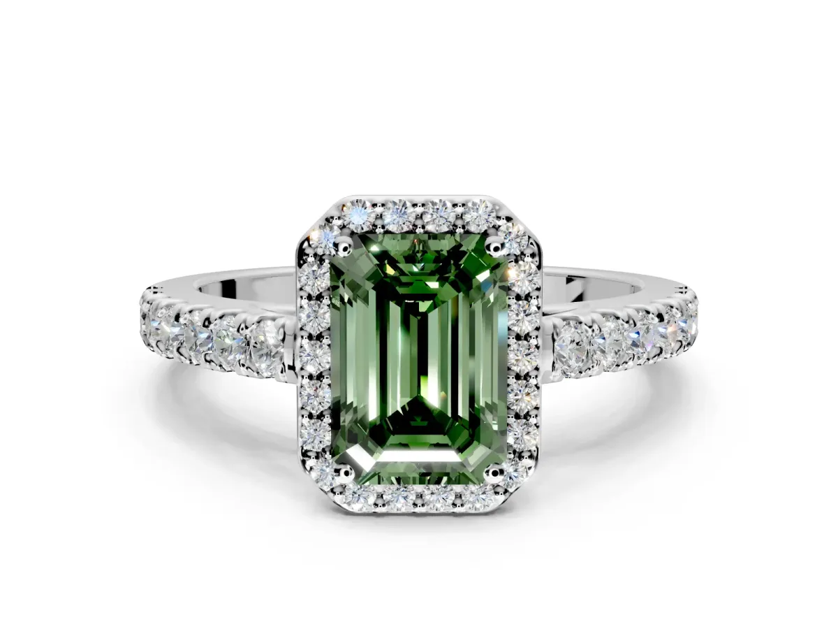 Halo Engagement Ring Setting for Fancy Green Emerald Cut Center with Full Pave Band and Prong Head in Sterling Silver