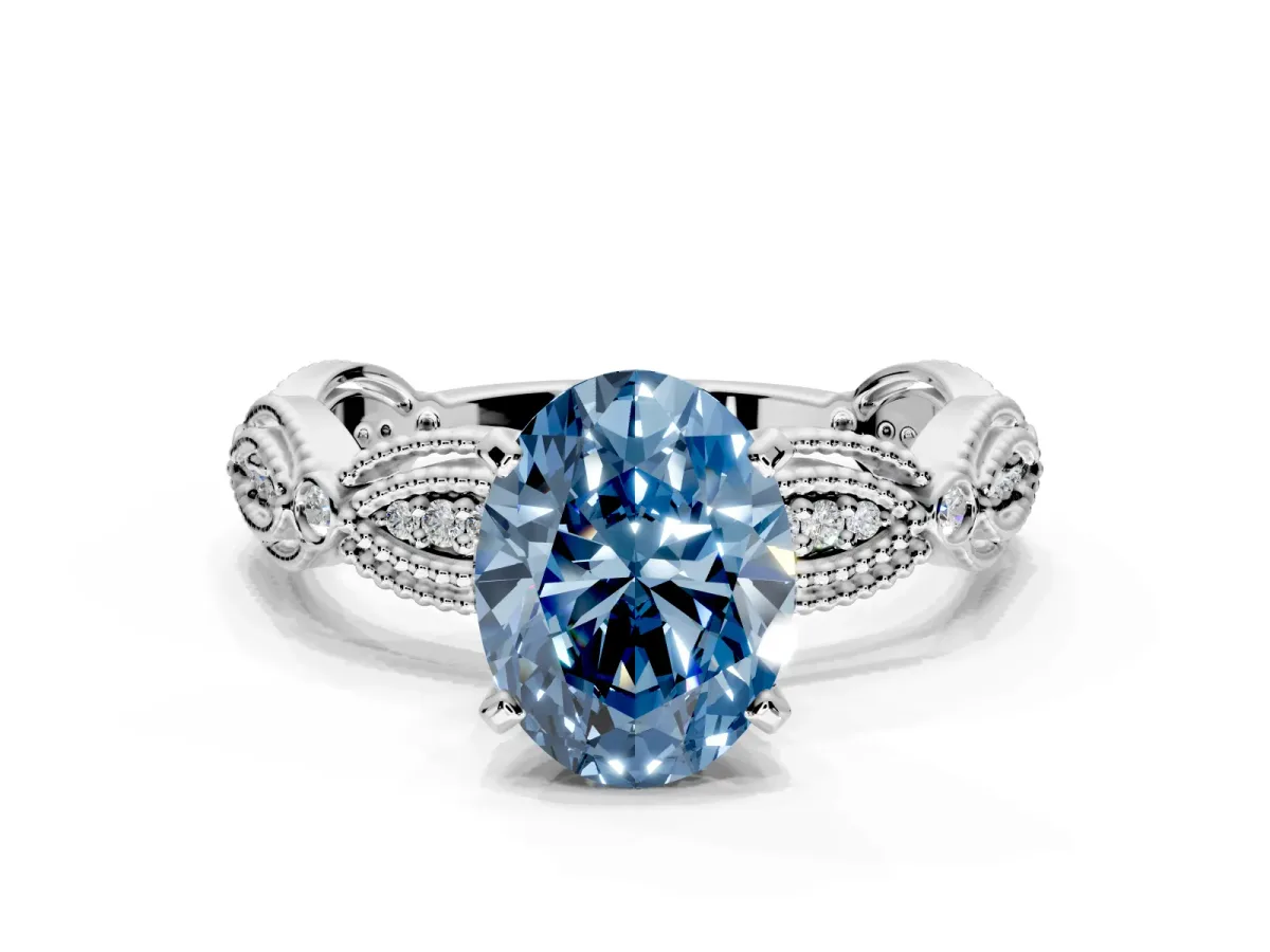 Solitaire Engagement Ring Setting for Fancy Blue Oval Center with Marquise Panel Band and Prong Head in Platinum