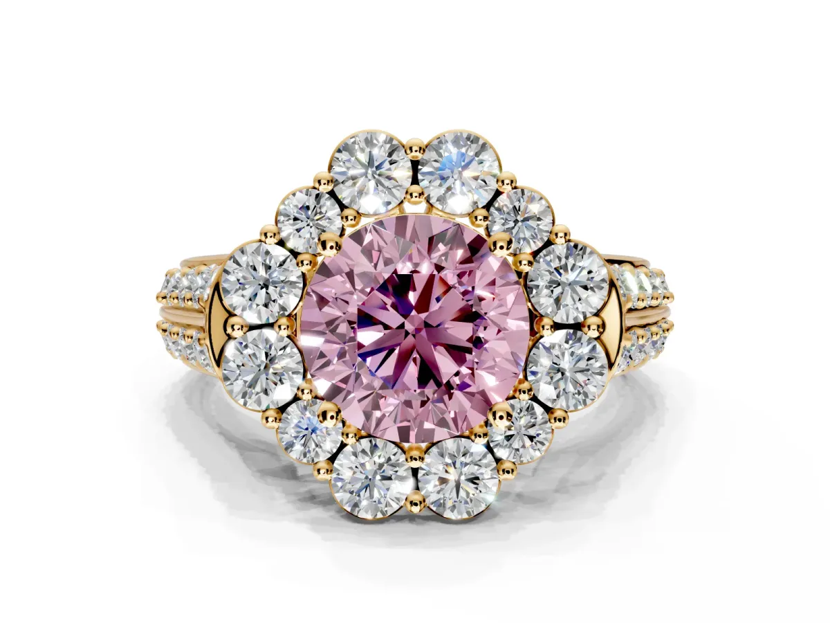 Large Accent Halo Engagement Ring Setting for Fancy Pink Round Cut Center with Pave Split Shank and Prong Head in Yellow Gold