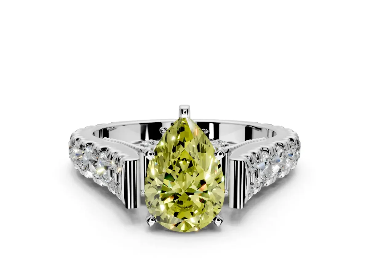 Solitaire Engagement Ring Setting for Fancy Yellow Pear-Shaped Center with Pave Cathedral Shoulders and Prong Head in Platinum