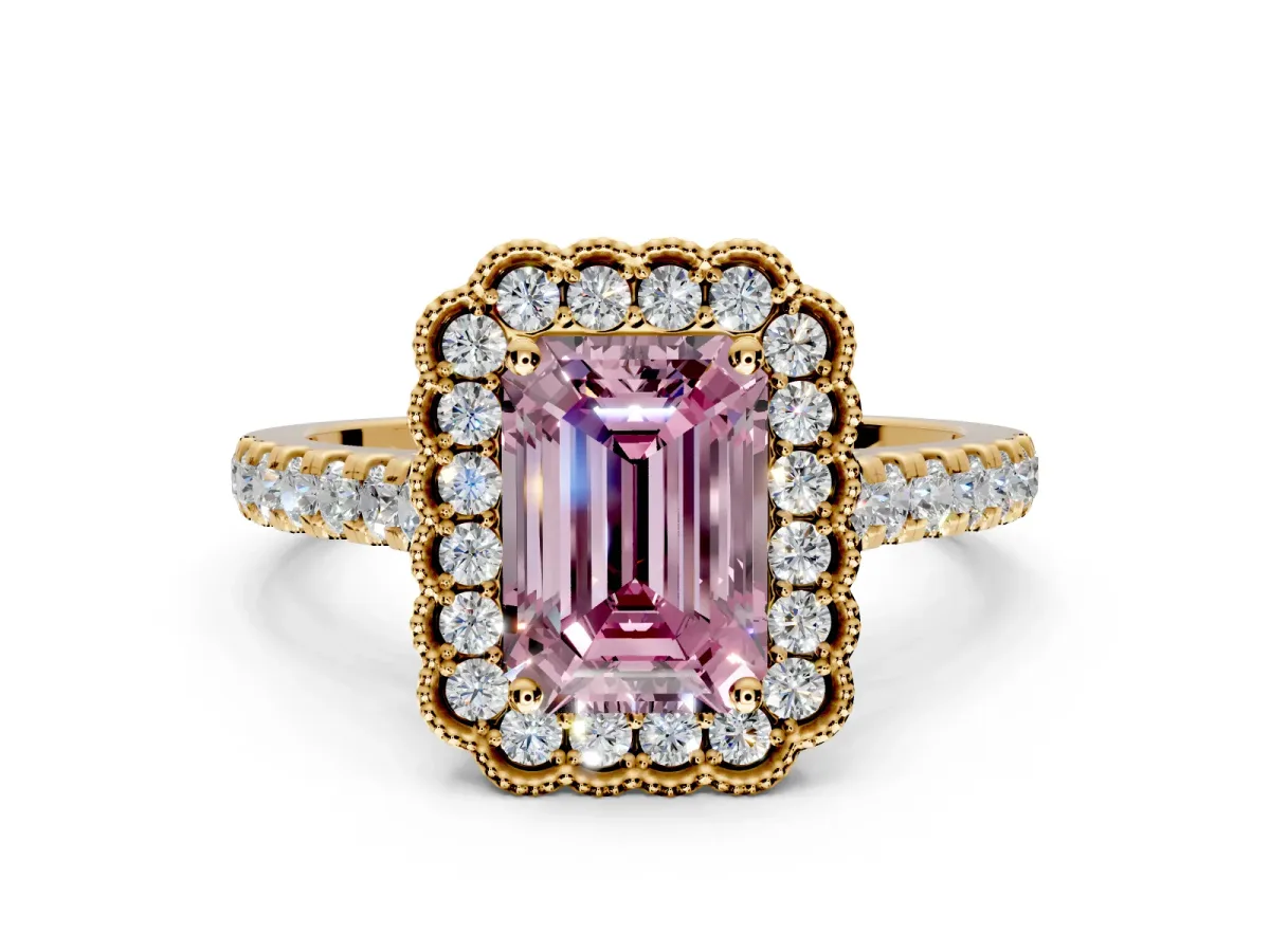 Milgrain Floral Halo Engagement Ring Setting for Fancy Pink Emerald Cut Center with Pave Band and Prong Head in Yellow Gold
