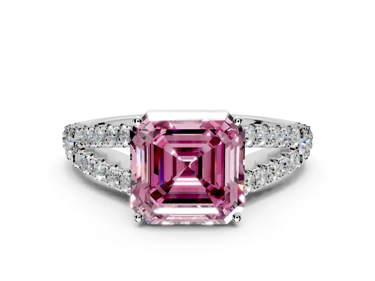 Solitaire Engagement Ring Setting for Fancy Pink Asscher Cut Center with Pave Split Shank and Prong Head in Sterling Silver