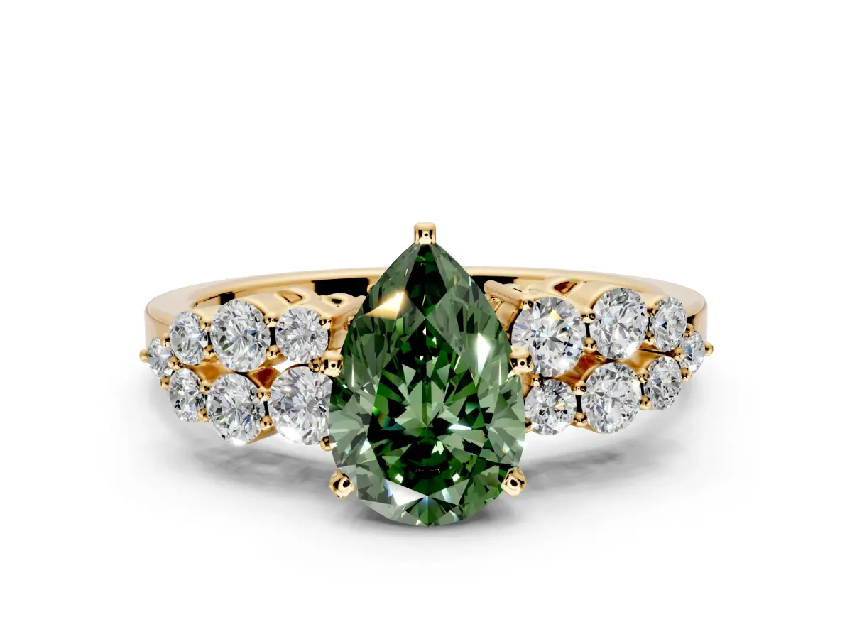 Cluster Engagement Ring Setting for Fancy Green Pear-Shaped Center with 2-Row Shoulder Clusters and Prong Head in Yellow Gold