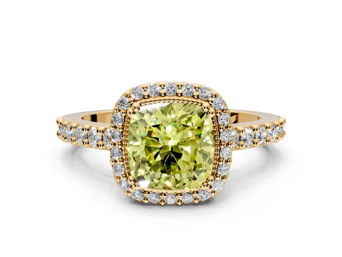 Halo Engagement Ring Setting for Fancy Yellow Cushion Cut Center with Inner Milgrain Border and Prong Head in Yellow Gold