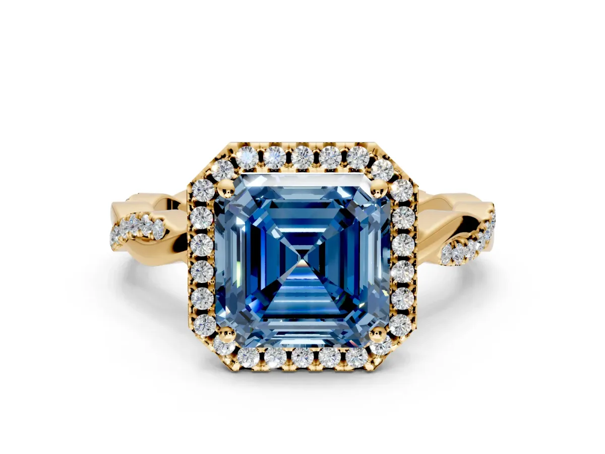 Halo Engagement Ring Setting for Fancy Blue Asscher Cut Center with Pave and Plain Twist Band and Prong Head in Yellow Gold