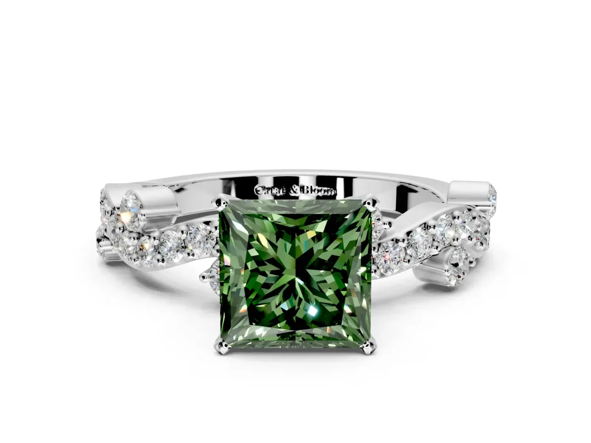 Solitaire Engagement Ring Setting for Fancy Green Princess Cut Center with Bar-Station Pave Twist and Prong Head in Sterling Silver