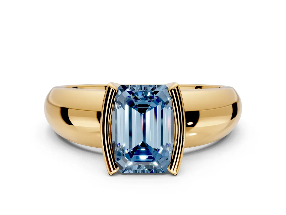 Tension Engagement Ring Setting for Fancy Blue Emerald Cut Center with Wide Flat Band and Tension Head in Yellow Gold