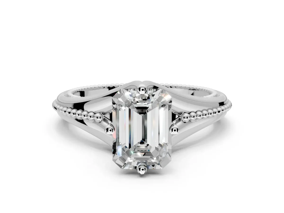 Solitaire Engagement Ring Setting for Emerald Cut Center with Milgrain Cathedral Band and Prong Head in Platinum