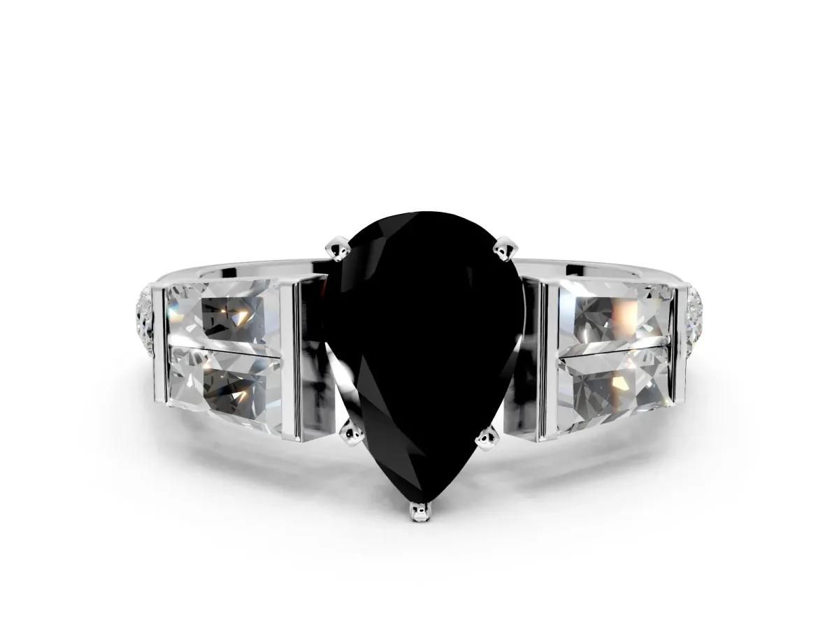 Channel-Set Engagement Ring Setting for Fancy Black Pear-Shaped Center with Baguette Band and Prong Head in White Gold