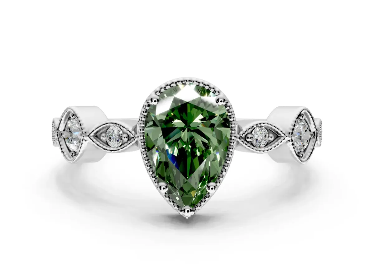 Vintage Station Engagement Ring Setting for Fancy Green Pear-Shaped Center with Accents and Prong Head in Platinum
