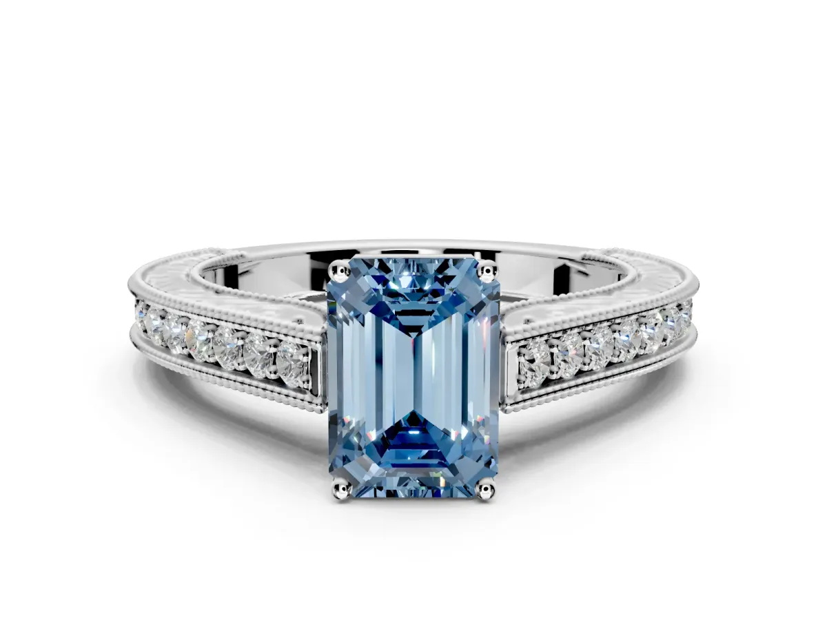 Solitaire Engagement Ring Setting for Fancy Blue Emerald Cut Center with Engraved Pave Band and Prong Head in Platinum